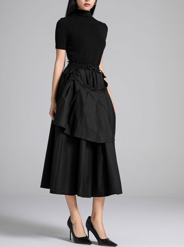 high-neck layered midi dress with sculpted overskirt – BELLA