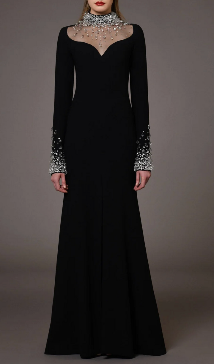 long sleeve column gown with crystal illusion neckline – CELESTE