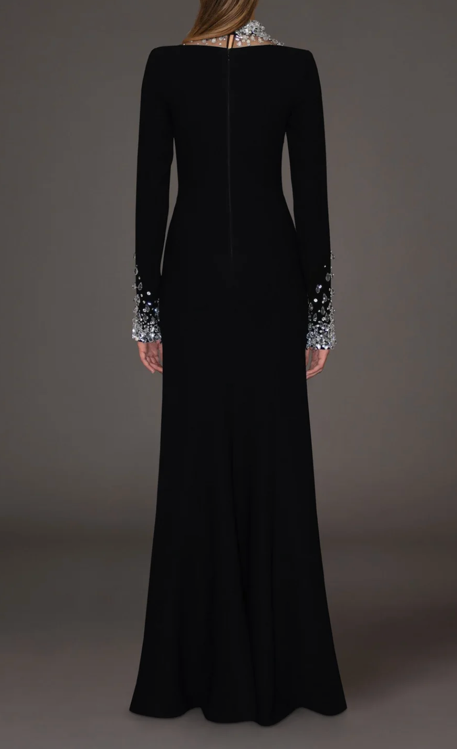 long sleeve column gown with crystal illusion neckline – CELESTE