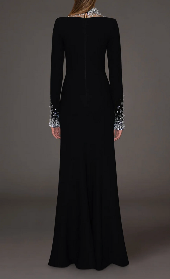 long sleeve column gown with crystal illusion neckline – CELESTE