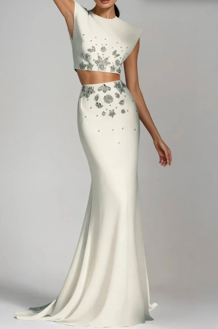 embellished sleeveless crop top & maxi skirt set – IVORY