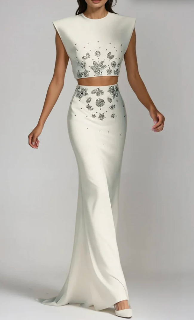 embellished sleeveless crop top & maxi skirt set – IVORY