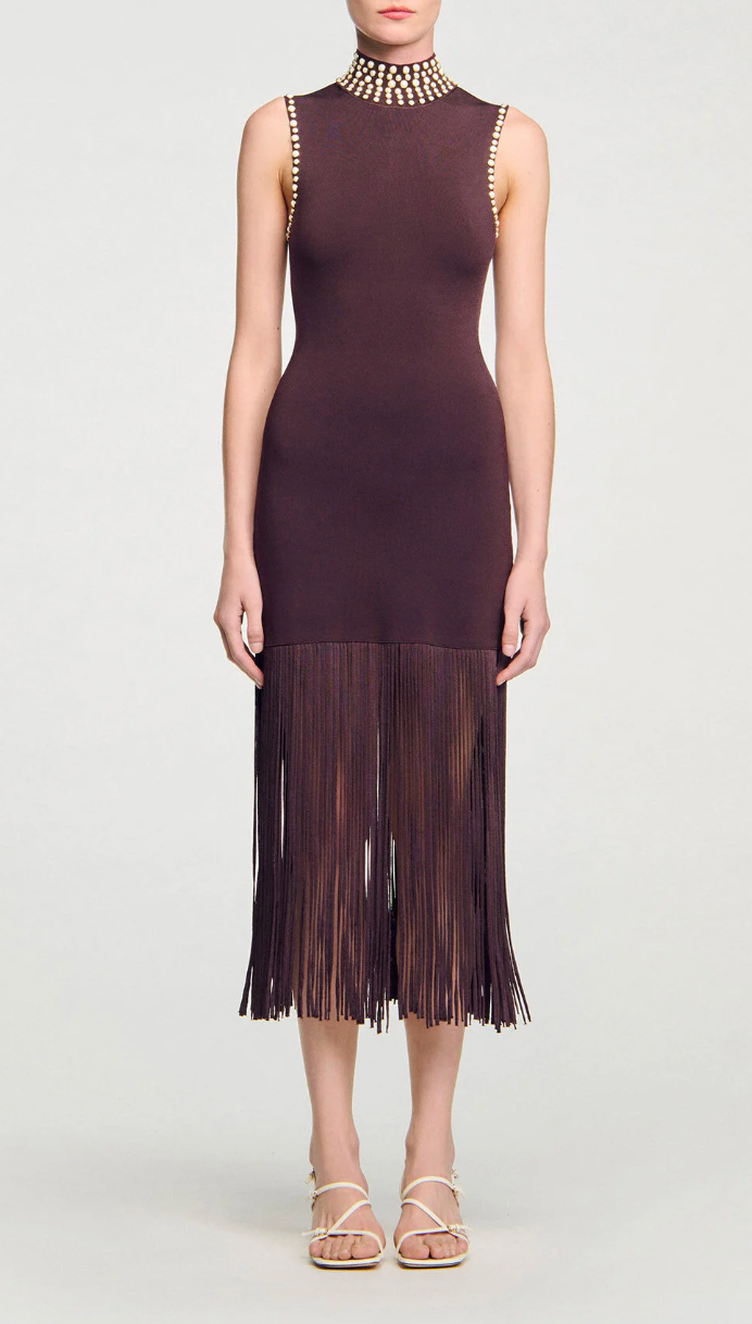 Sleeveless Midi Dress with Embellished High Neck & Fringe Hem – SERENA
