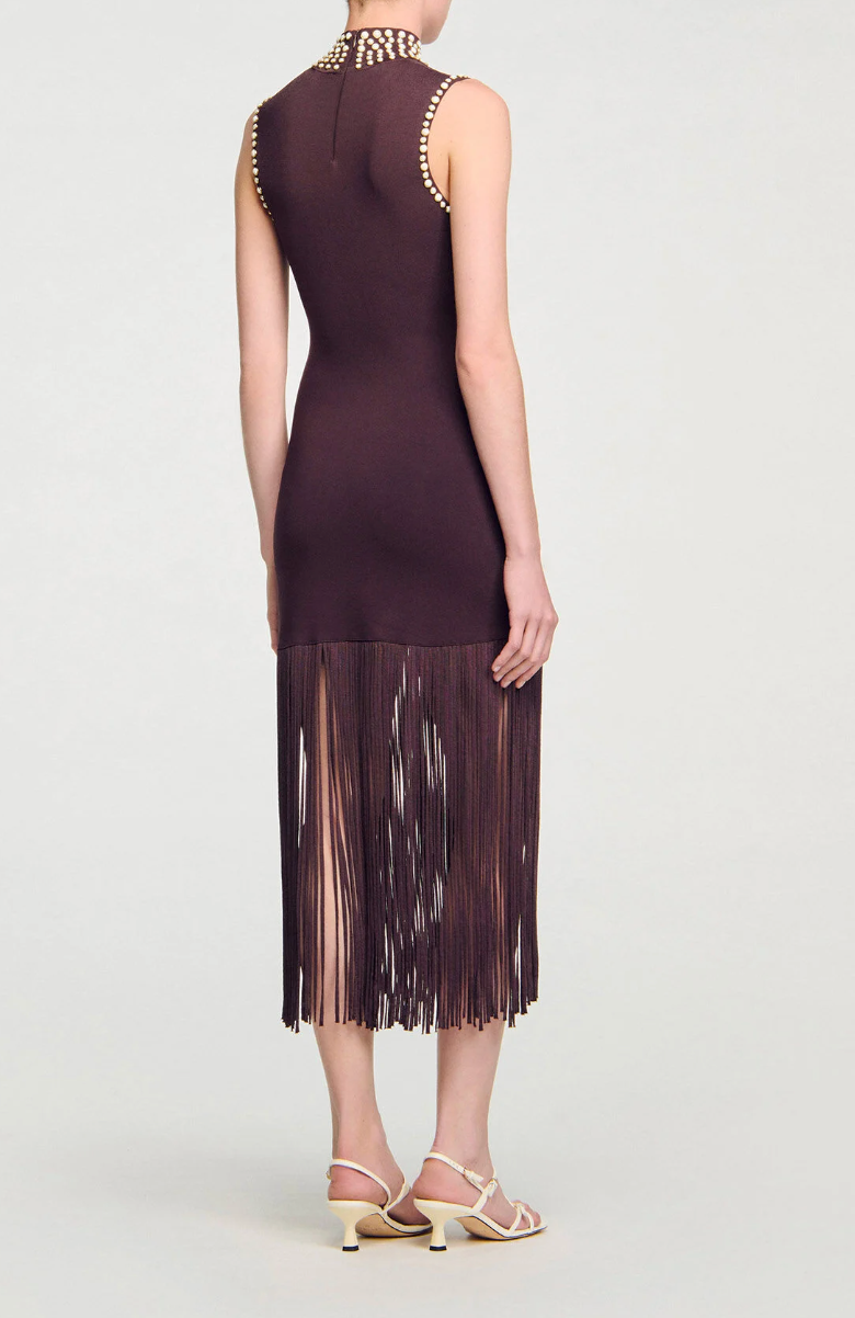 Sleeveless Midi Dress with Embellished High Neck & Fringe Hem – SERENA