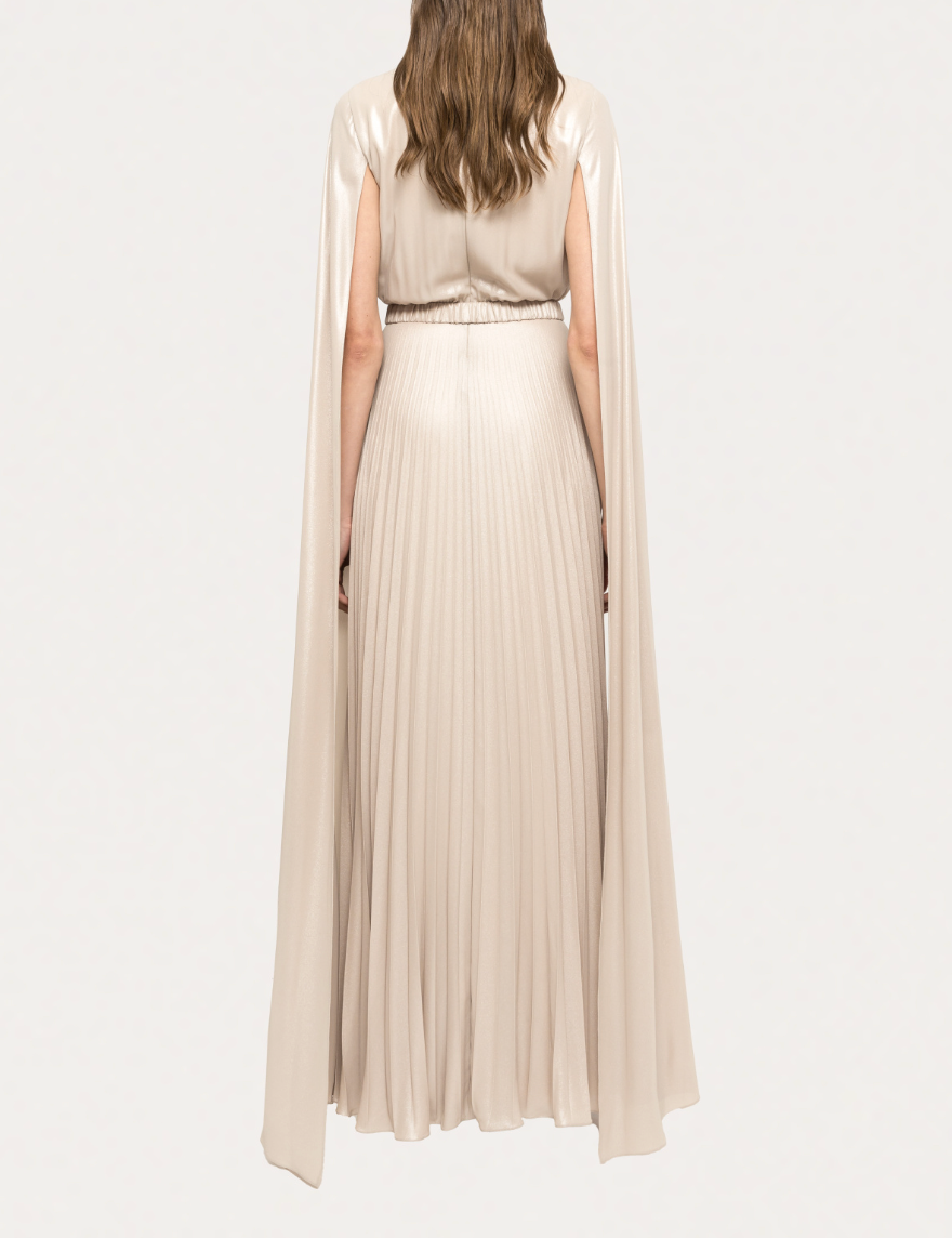 Pleated Cape Maxi Dress with Embellished Neckline – HAGRAS