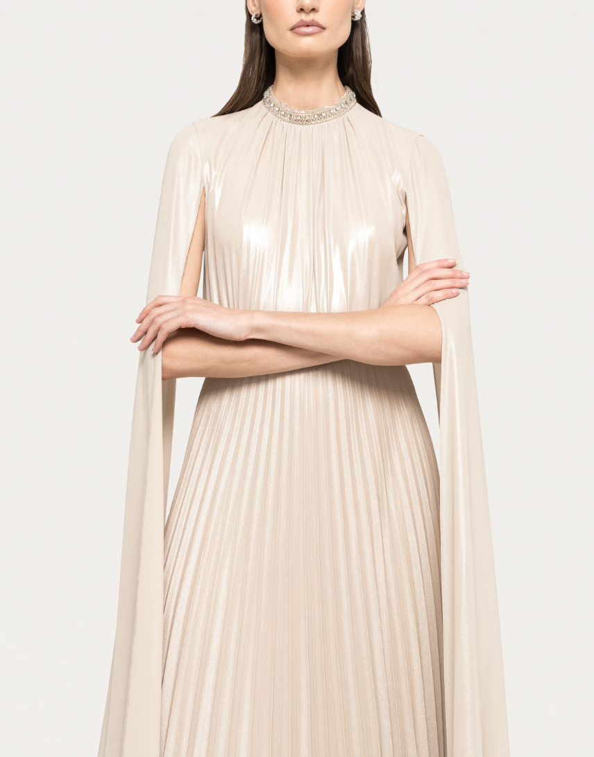 Pleated Cape Maxi Dress with Embellished Neckline – HAGRAS