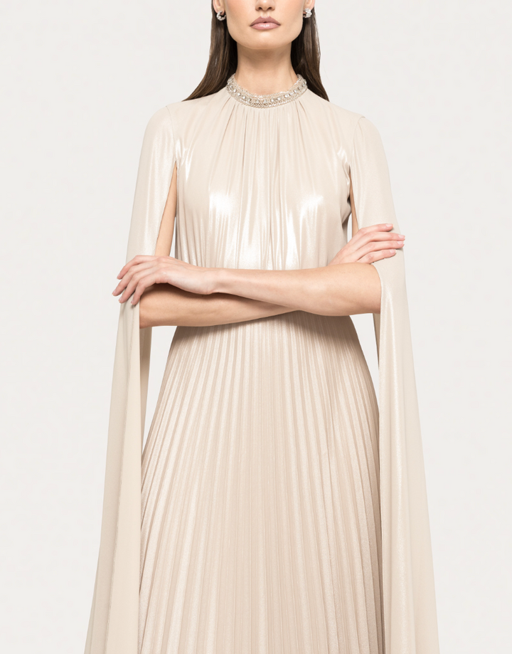 Pleated Cape Maxi Dress with Embellished Neckline – HAGRAS