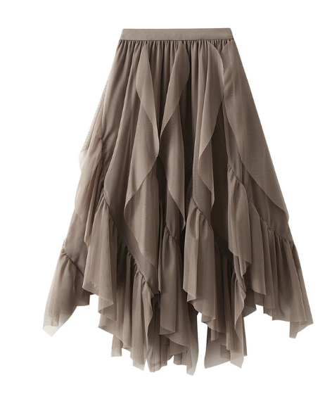 asymmetric ruffled tulle midi skirt with elastic waist – TAUPE