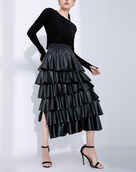 tiered faux-leather midi skirt with elastic waist – RUFFLE