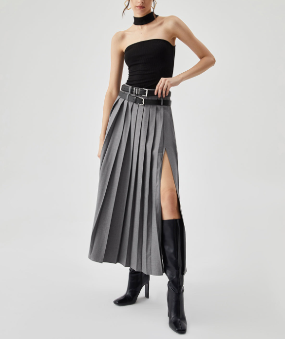 pleated high-slit midi skirt with belt detail – URBAN
