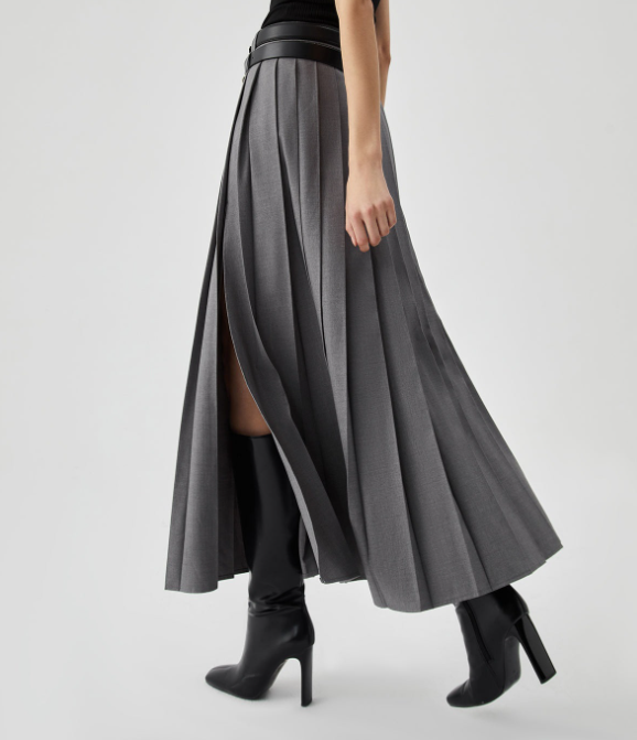 pleated high-slit midi skirt with belt detail – URBAN