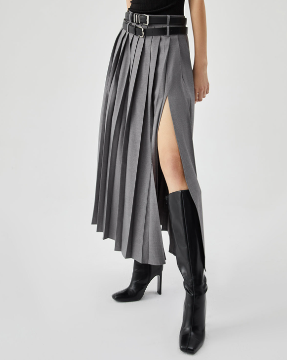 pleated high-slit midi skirt with belt detail – URBAN