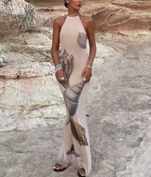 halter-neck maxi dress with shell art print – SELENE