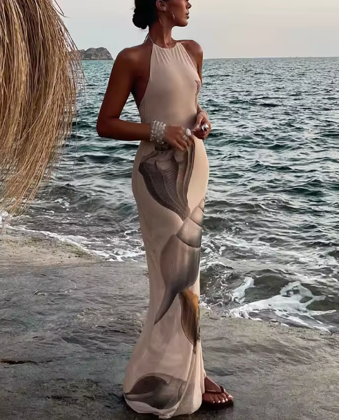 halter-neck maxi dress with shell art print – SELENE