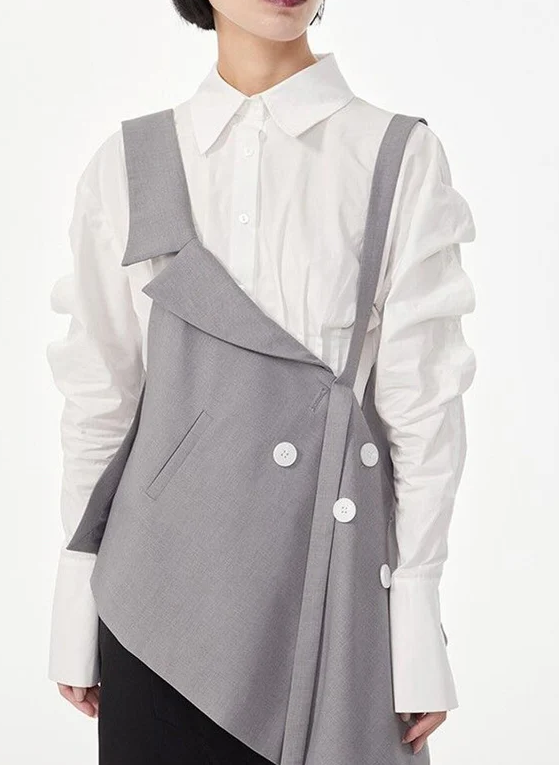 Asymmetric buttoned vest top with layered shirt detail – GREYA