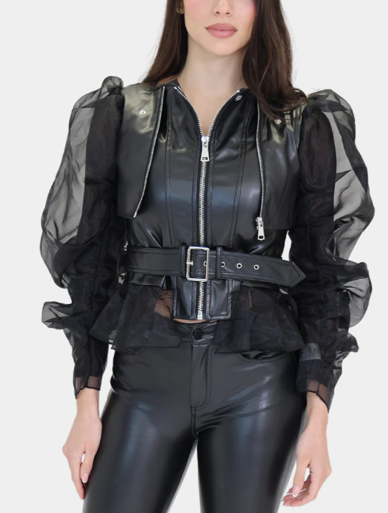 Belted faux-leather jacket with sheer puff sleeves – VERA