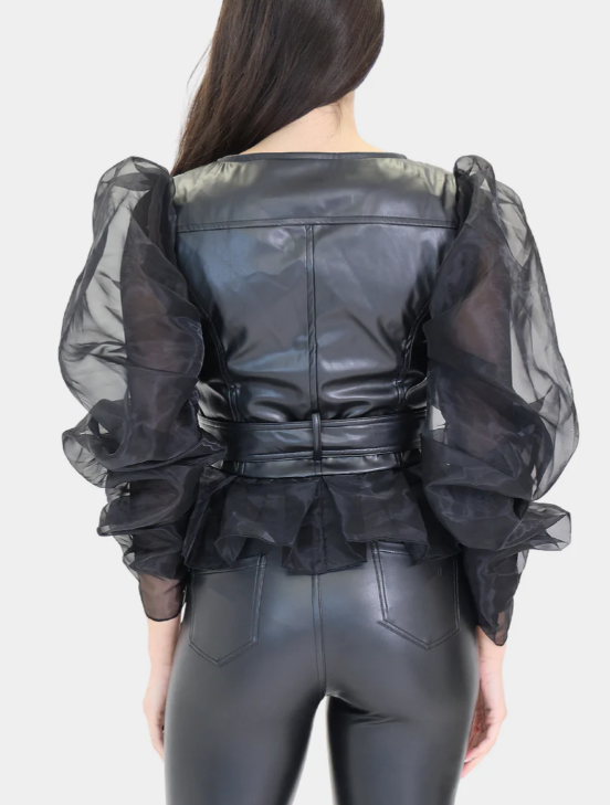 Belted faux-leather jacket with sheer puff sleeves – VERA