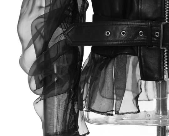 Belted faux-leather jacket with sheer puff sleeves – VERA