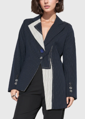 Asymmetric pinstripe blazer with contrast panel – MILLLA