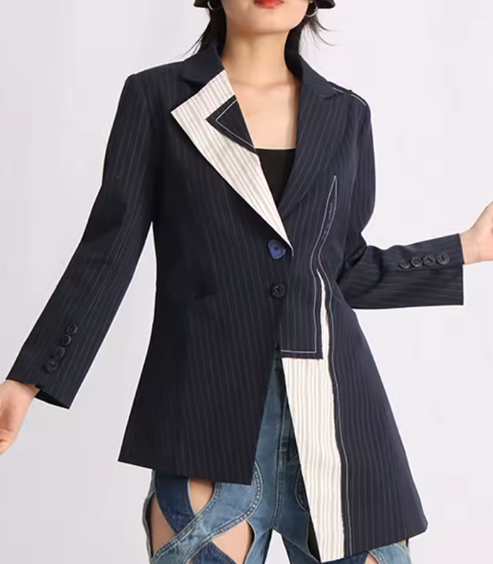 Asymmetric pinstripe blazer with contrast panel – MILLLA