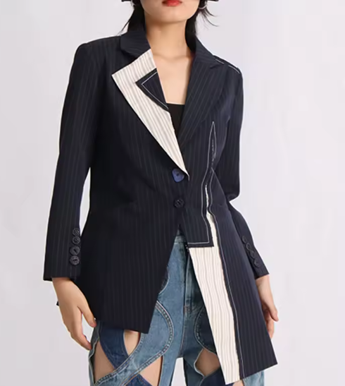 Asymmetric pinstripe blazer with contrast panel – MILLLA