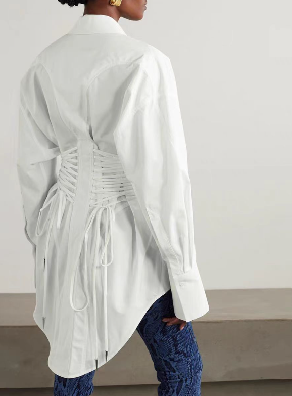 Corset-waist shirt dress with curved hem – BLANC
