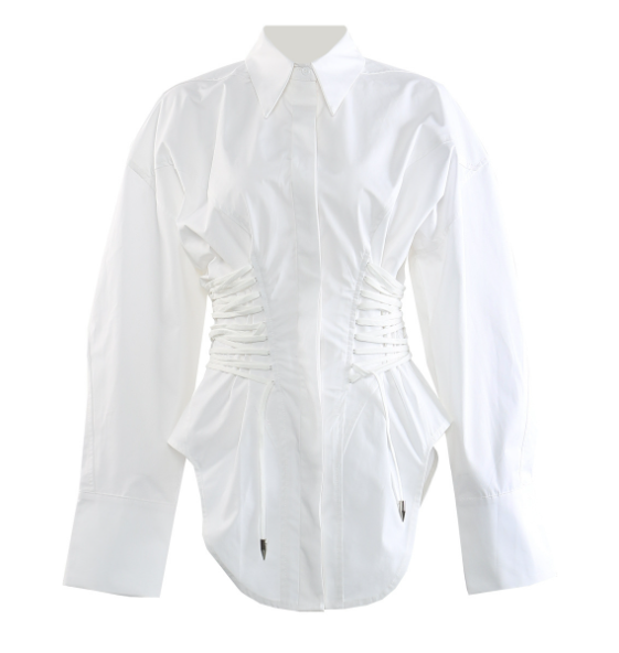 Corset-waist shirt dress with curved hem – BLANC