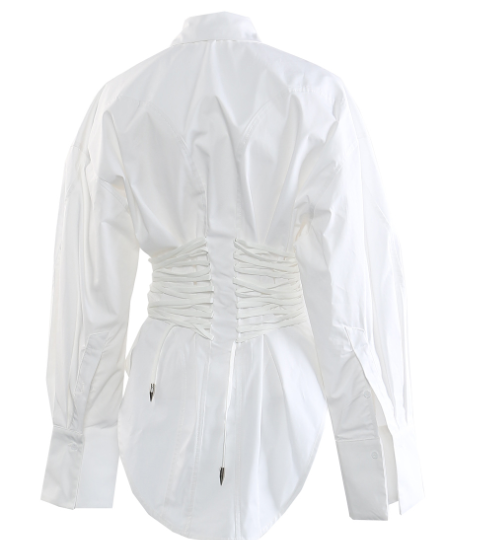 Corset-waist shirt dress with curved hem – BLANC