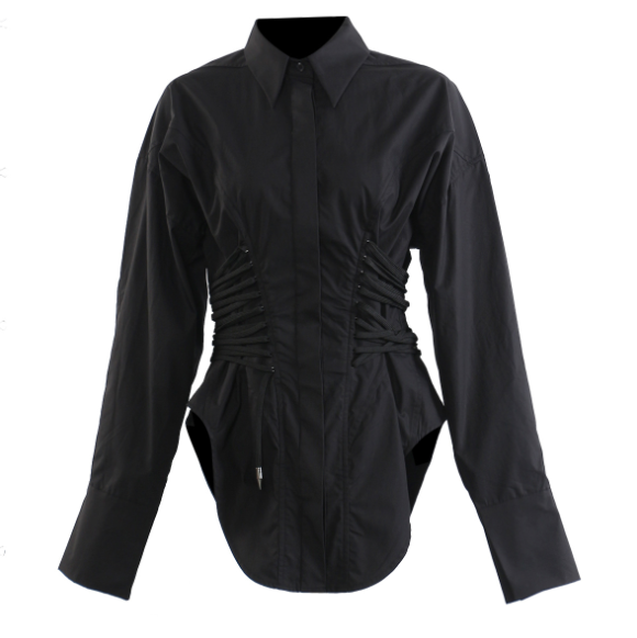 Corset-waist shirt dress with curved hem – BLANC