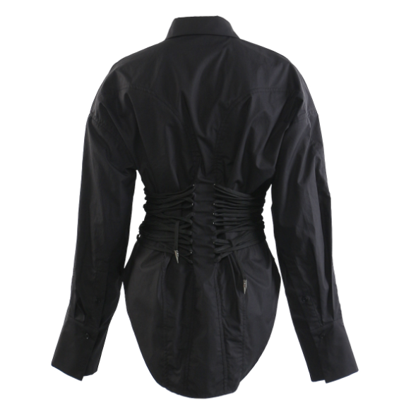 Corset-waist shirt dress with curved hem – BLANC