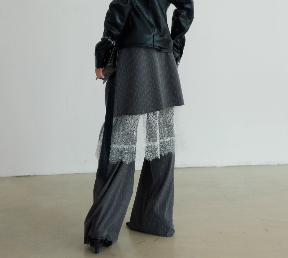 Layered pinstripe wide-leg trousers with lace detail – VELVET