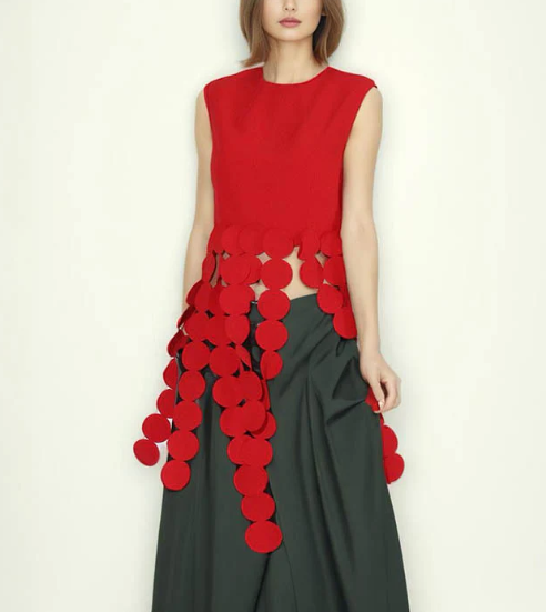 leeveless sculpted top with cascading disc appliqué – VELORA