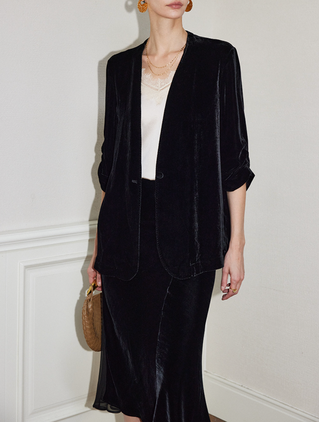 velvet open-front blazer with relaxed tailoring – RANA