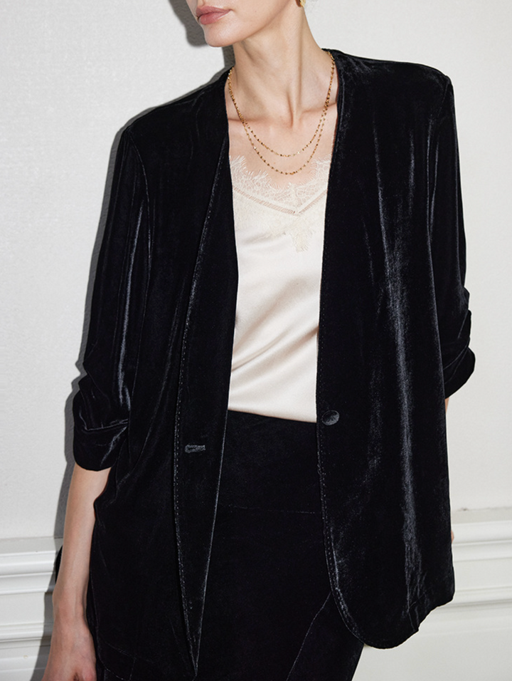 velvet open-front blazer with relaxed tailoring – RANA