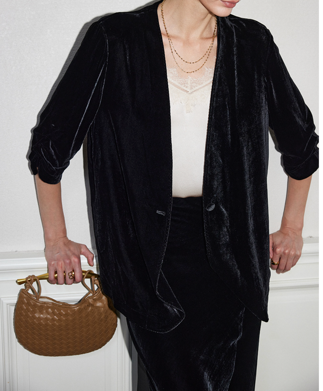 velvet open-front blazer with relaxed tailoring – RANA