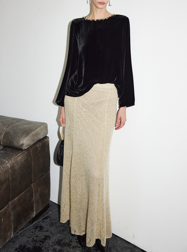 velvet long-sleeve top with embellished neckline – TAMER