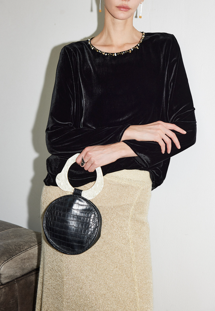 velvet long-sleeve top with embellished neckline – TAMER