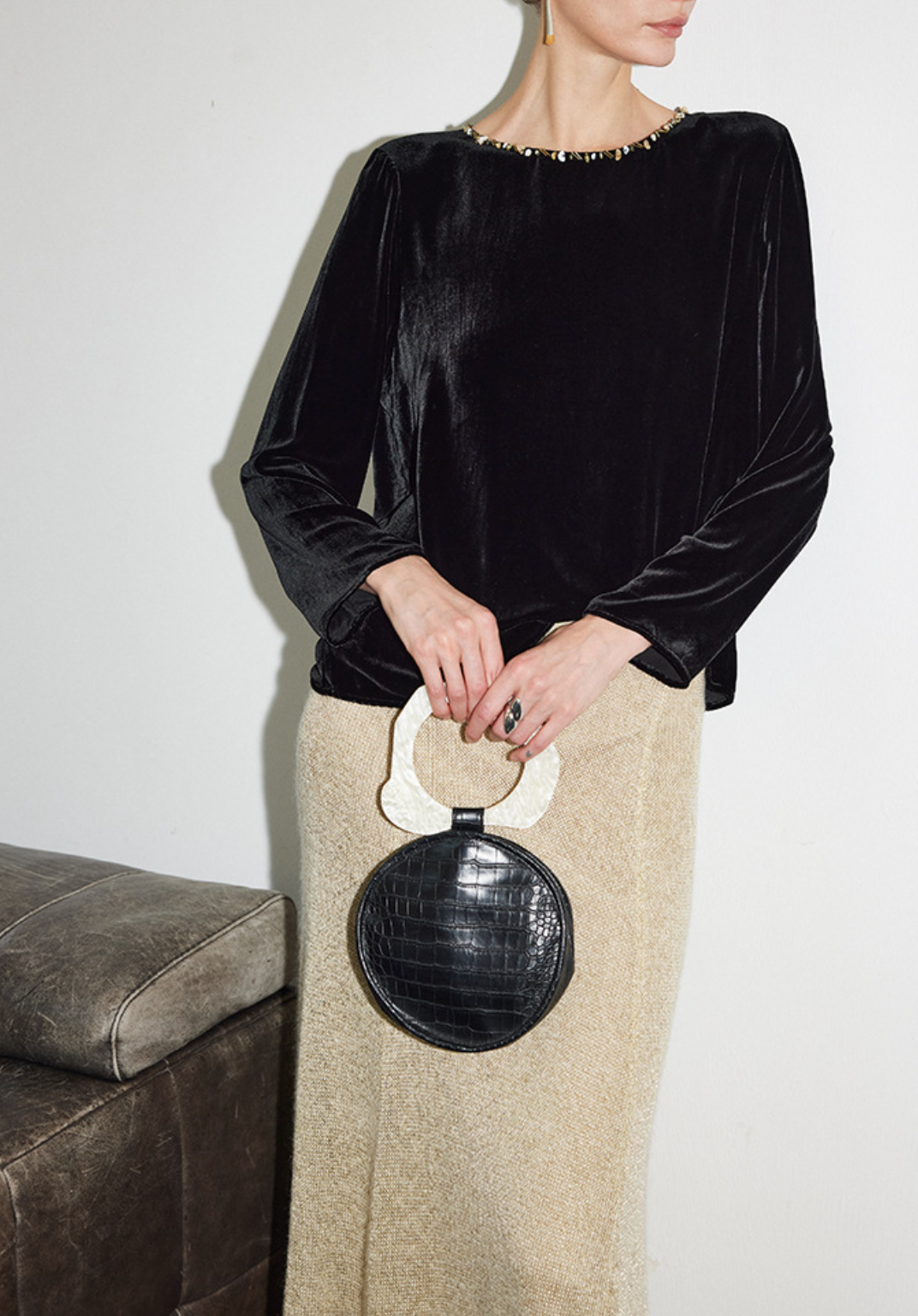 velvet long-sleeve top with embellished neckline – TAMER