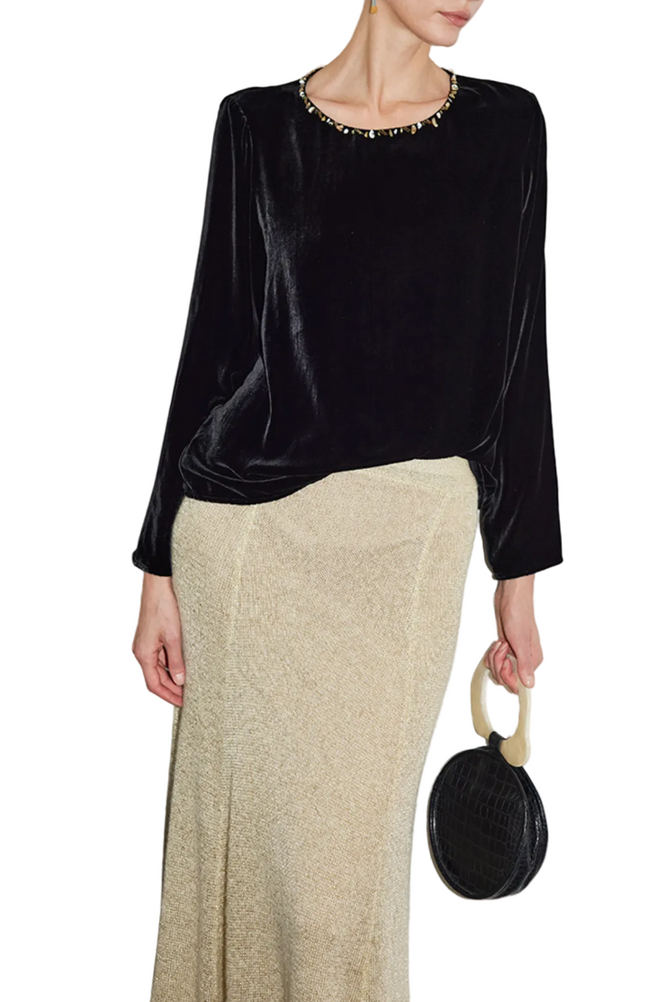 velvet long-sleeve top with embellished neckline – TAMER