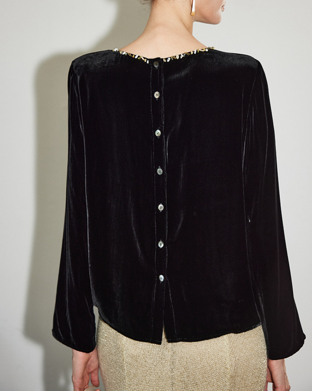 velvet long-sleeve top with embellished neckline – TAMER