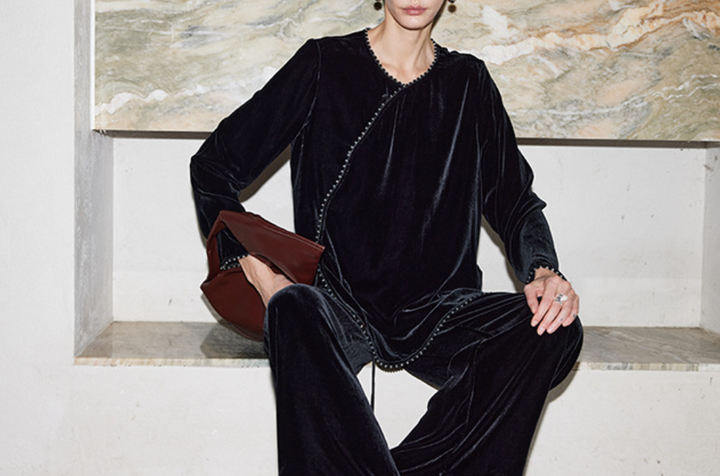 asymmetric velvet blouse with beaded trim – VELORA