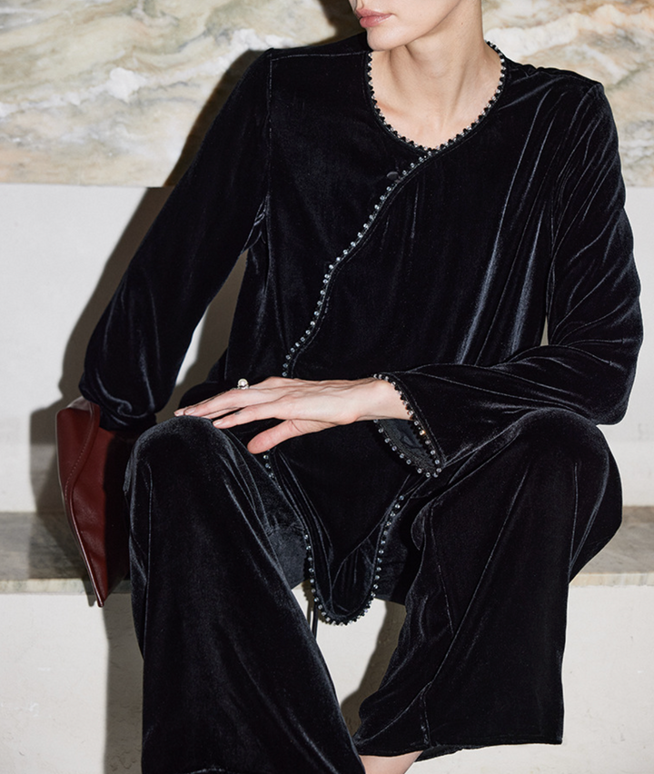 asymmetric velvet blouse with beaded trim – VELORA