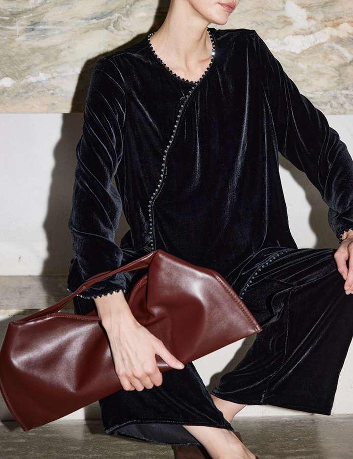 asymmetric velvet blouse with beaded trim – VELORA
