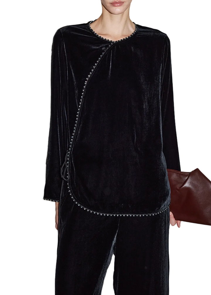 asymmetric velvet blouse with beaded trim – VELORA