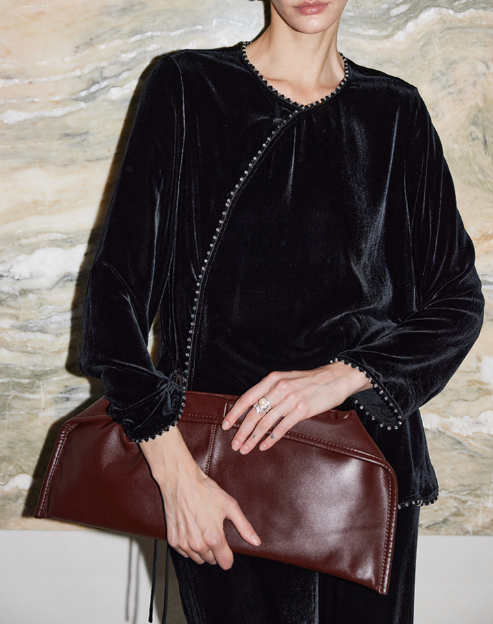 asymmetric velvet blouse with beaded trim – VELORA
