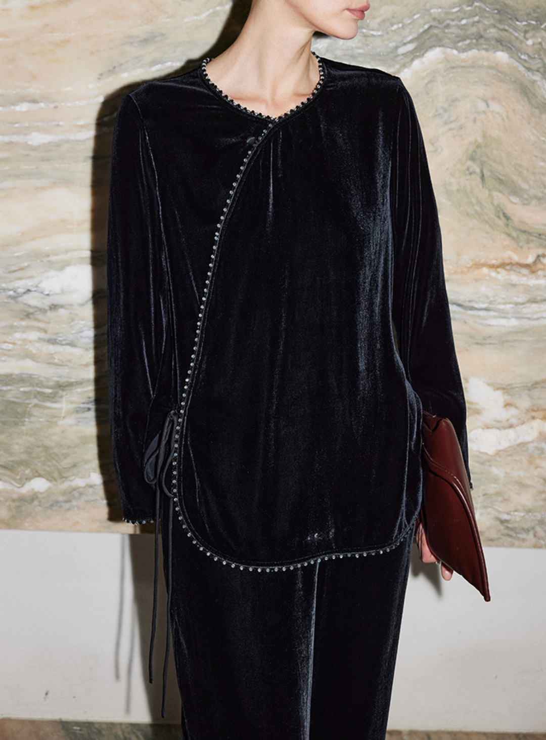 asymmetric velvet blouse with beaded trim – VELORA