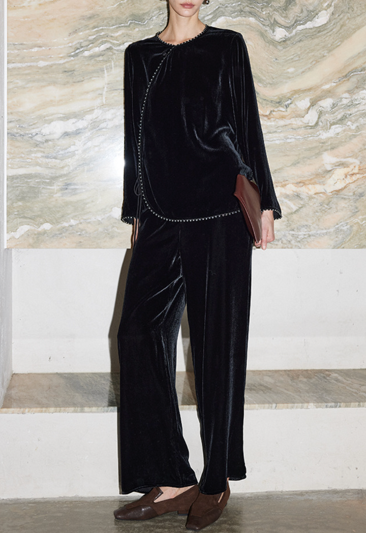 asymmetric velvet blouse with beaded trim – VELORA