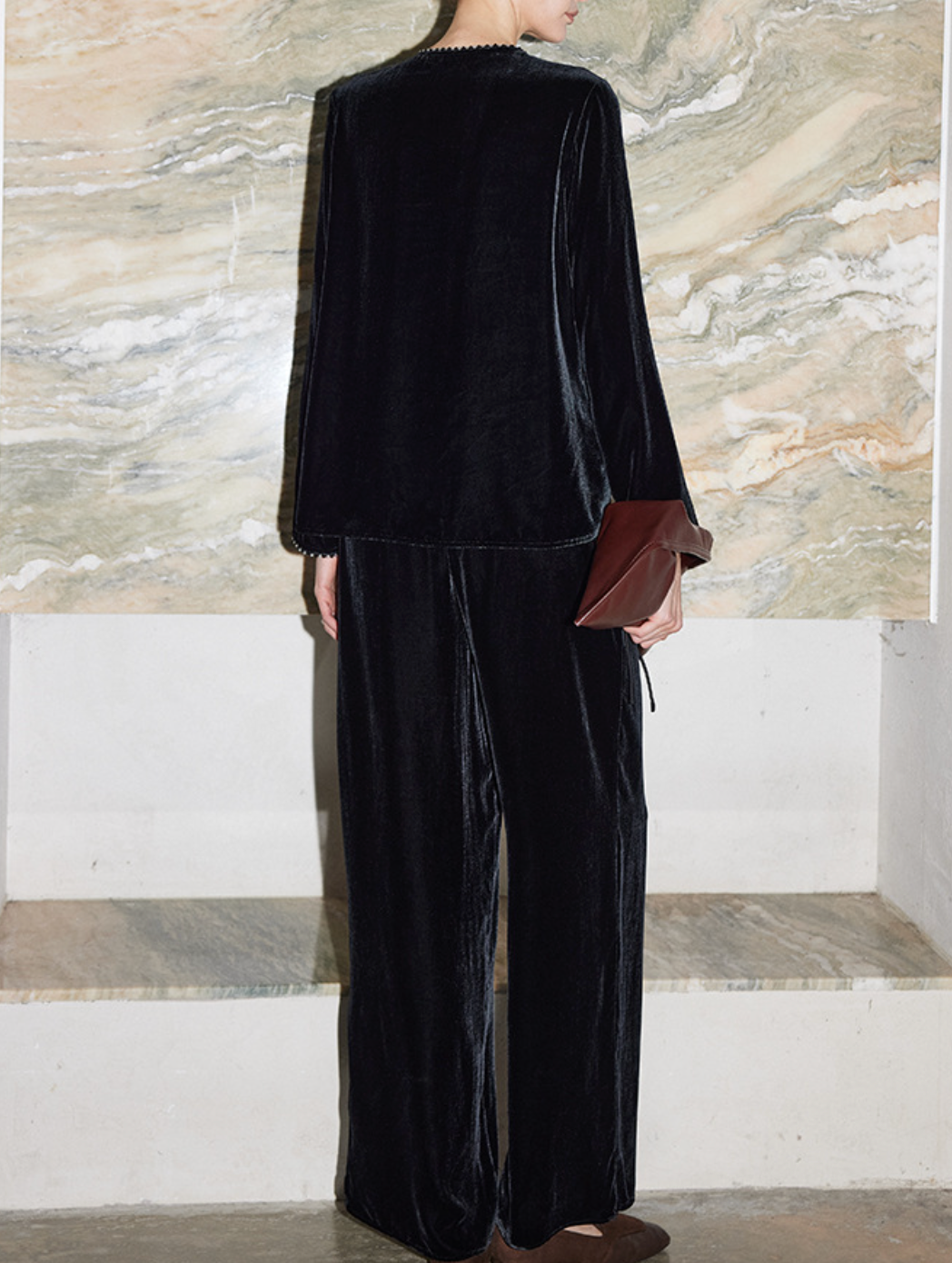 asymmetric velvet blouse with beaded trim – VELORA