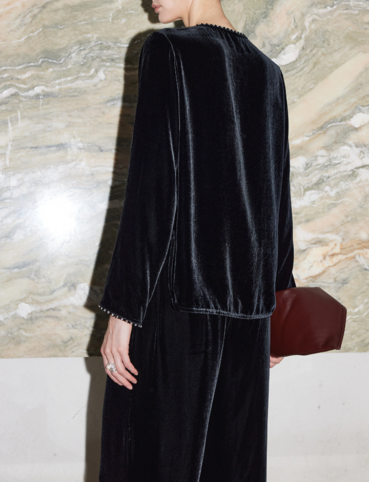 asymmetric velvet blouse with beaded trim – VELORA