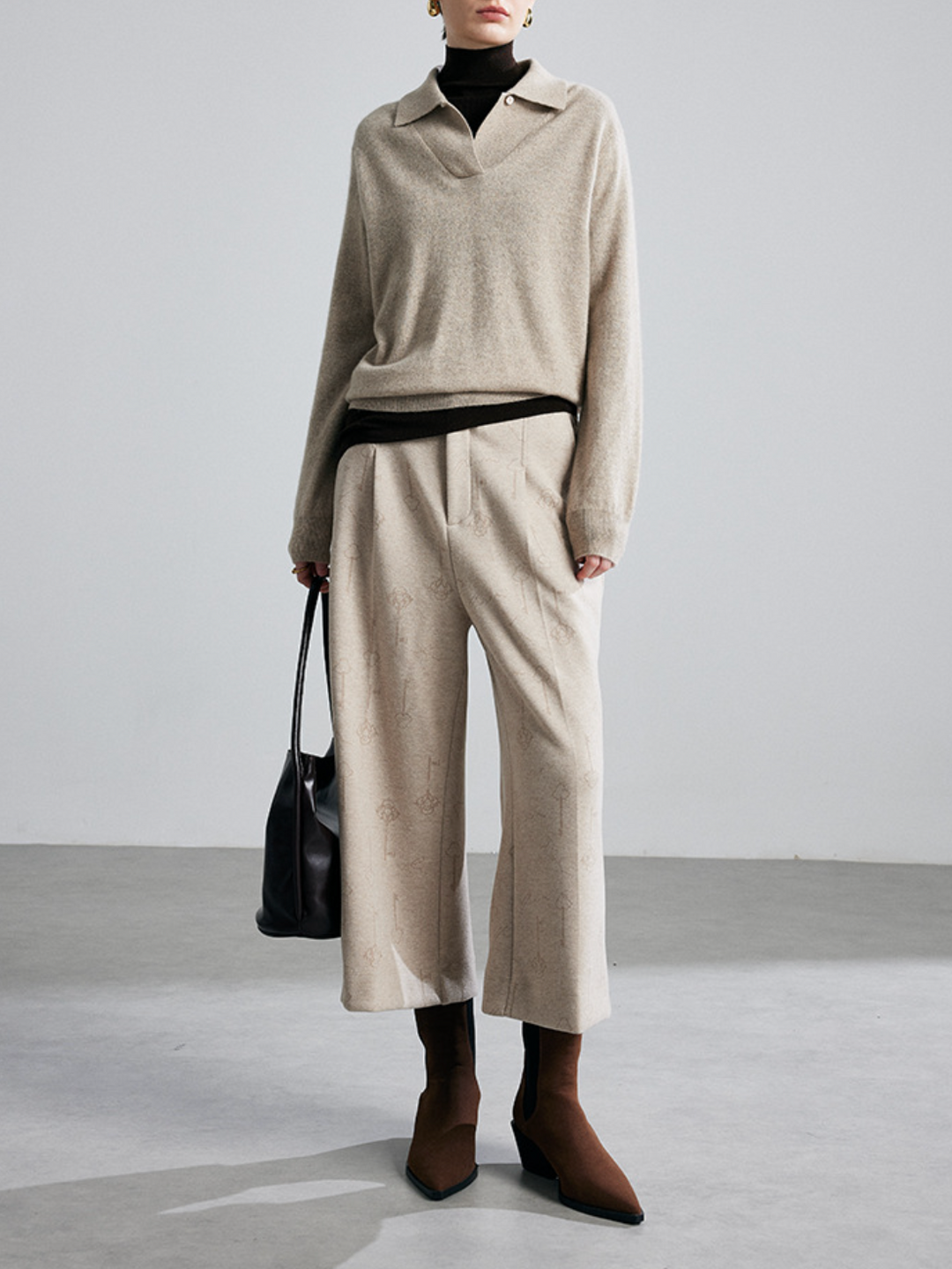 high-waist wide-leg cropped trousers with subtle jacquard texture – ELISE